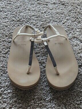 Brunello Cucinelli Cream Leather T-Strap Sandals with Black Beaded Accent